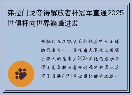 弗拉门戈夺得解放者杯冠军直通2025世俱杯向世界巅峰进发 弗拉门戈夺得解放者杯冠军直通2025世俱杯向世界巅峰进发